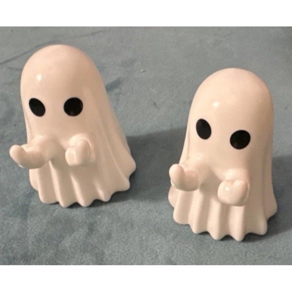Set of 2 plastic Halloween Ghost Figurines White/Black Freestanding
